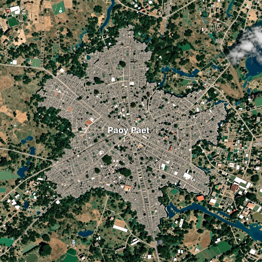 High-resolution satellite image of Paoy Paet, Cambodia showing land cover, urban areas, and natural features from space