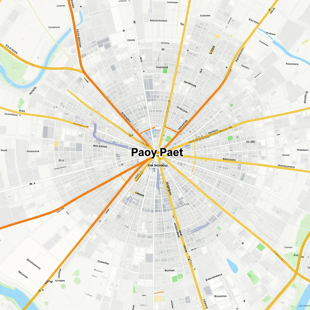 Detailed street map showing roads, highways, neighborhoods, and urban layout of Paoy Paet, Cambodia