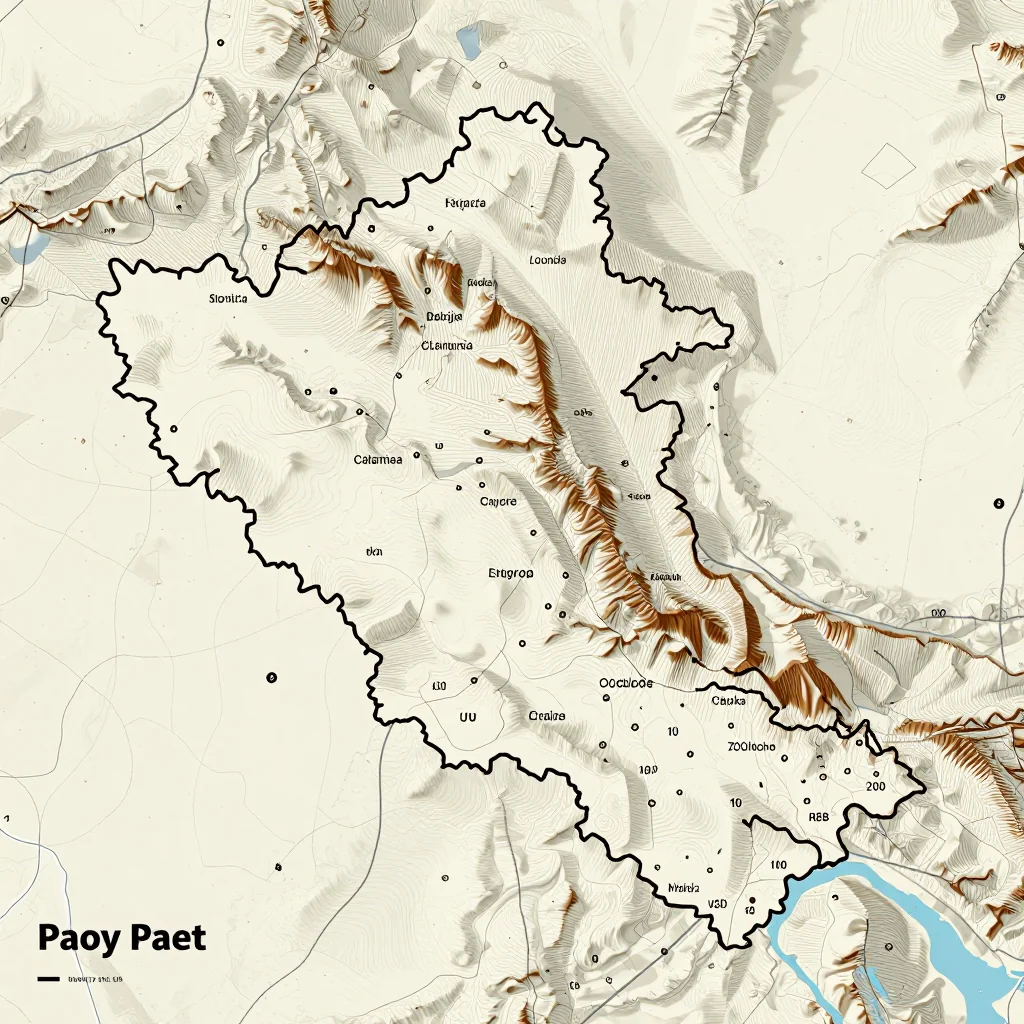 3D topographic map showing elevation contours, mountain ranges, and terrain features of Paoy Paet, Cambodia