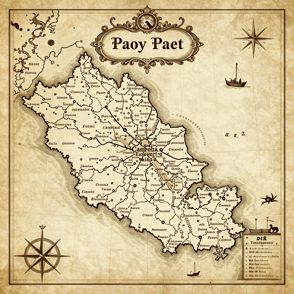 Antique vintage map of Paoy Paet, Cambodia showing historical cartography style