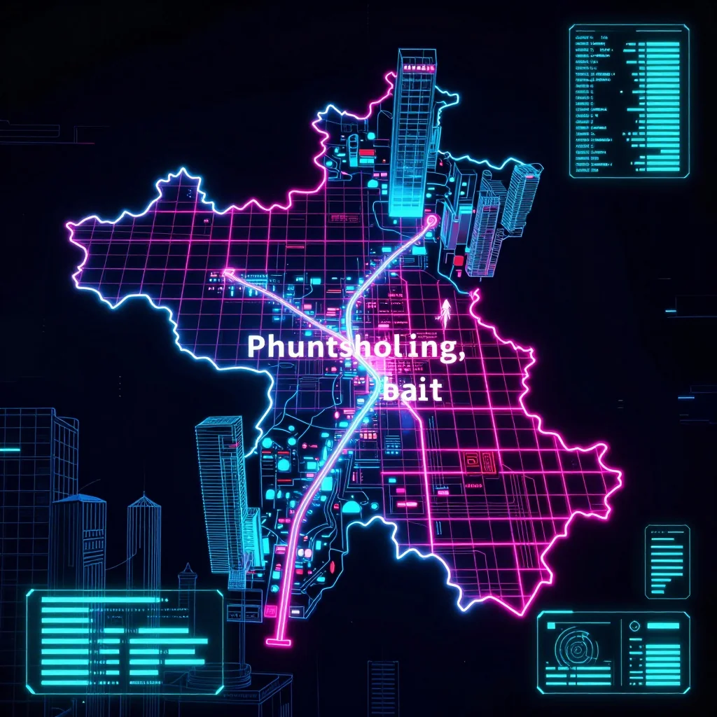 Futuristic Cyberpunk Map of Phuntsholing, Bhutan Cyberpunk style digital map of Phuntsholing, Bhutan with neon grid lines and futuristic UI design