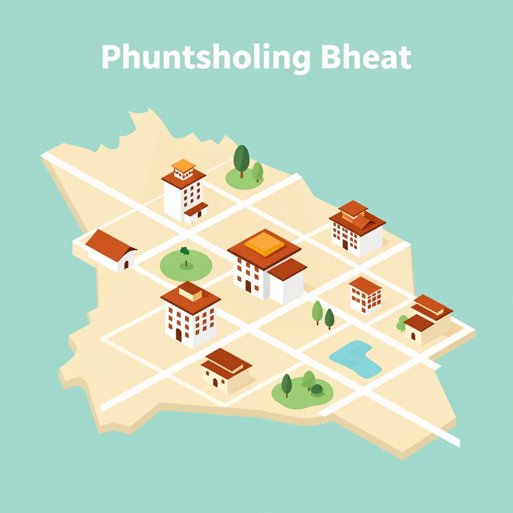 Isometric Tourist Map of Phuntsholing, Bhutan - Flat Design Isometric flat design tourist map of Phuntsholing, Bhutan showing landmarks, attractions, and points of interest