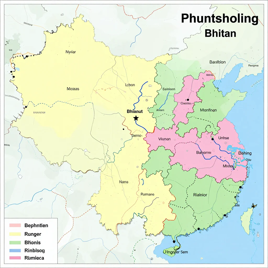 Political Map of Phuntsholing, Bhutan - Administrative Boundaries Political map showing borders, administrative divisions, major cities, and capital of Phuntsholing, Bhutan