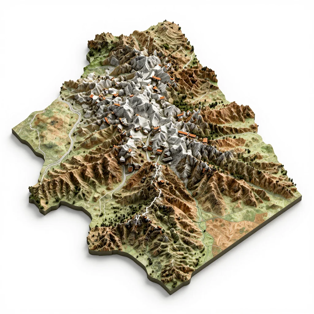 3D Isometric Topographic Map of Phuntsholing, Bhutan Isometric 3D topographic visualization showing elevation and terrain of Phuntsholing, Bhutan