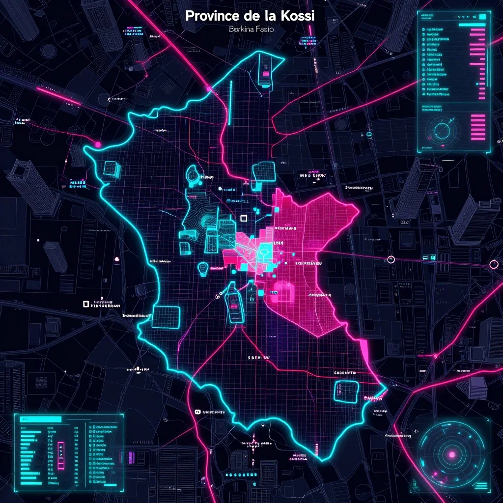 Cyberpunk style digital map of Province de la Kossi, Burkina Faso with neon grid lines and futuristic UI design