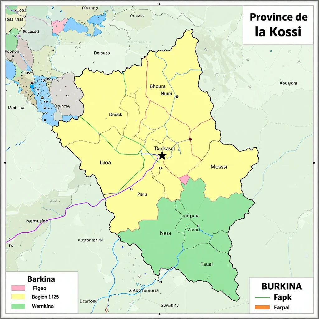Political map showing borders, administrative divisions, major cities, and capital of Province de la Kossi, Burkina Faso