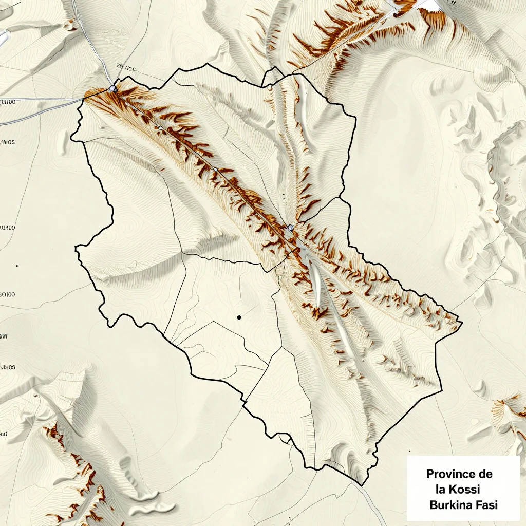 3D topographic map showing elevation contours, mountain ranges, and terrain features of Province de la Kossi, Burkina Faso