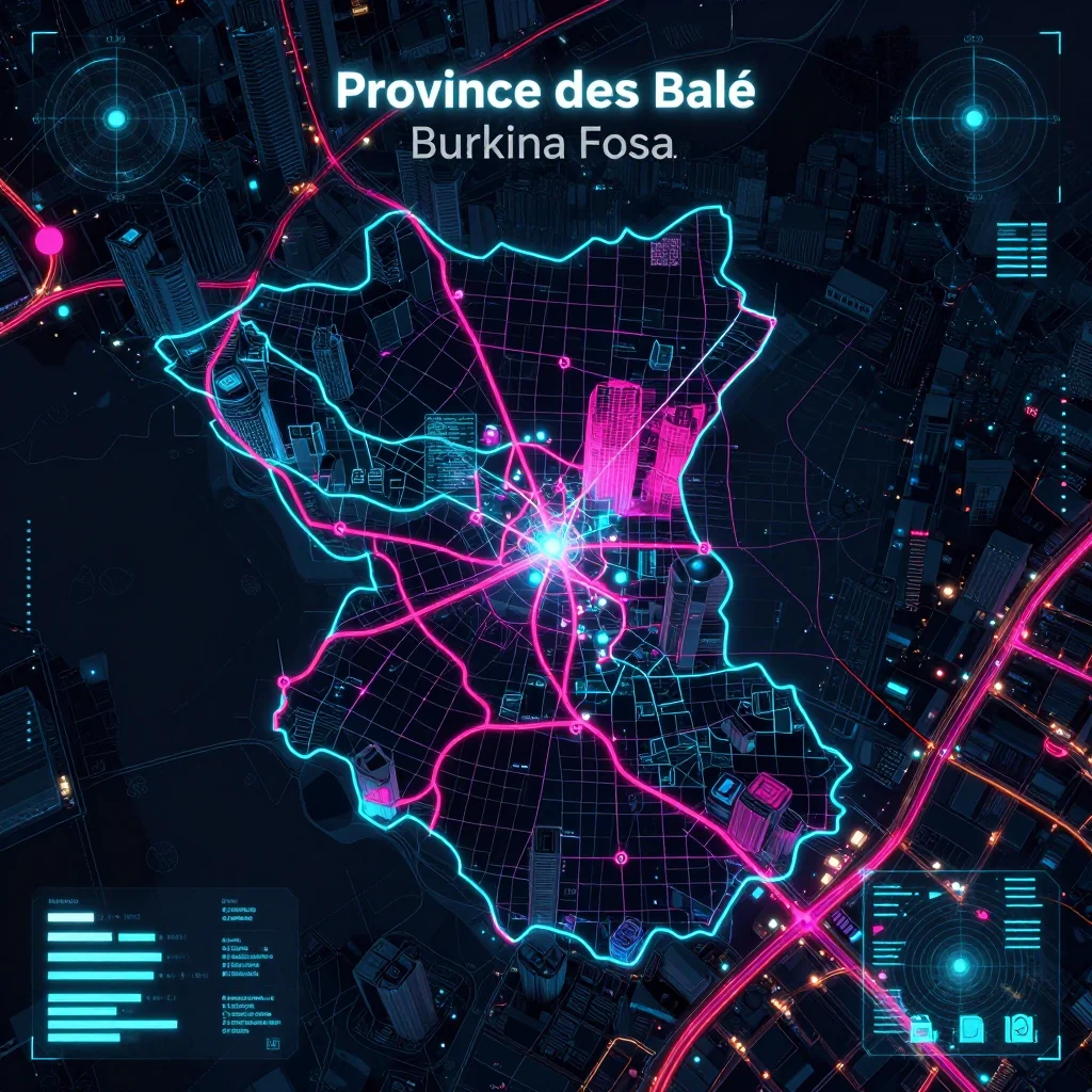 Futuristic Cyberpunk Map of Province des Balé, Burkina Faso Cyberpunk style digital map of Province des Balé, Burkina Faso with neon grid lines and futuristic UI design
