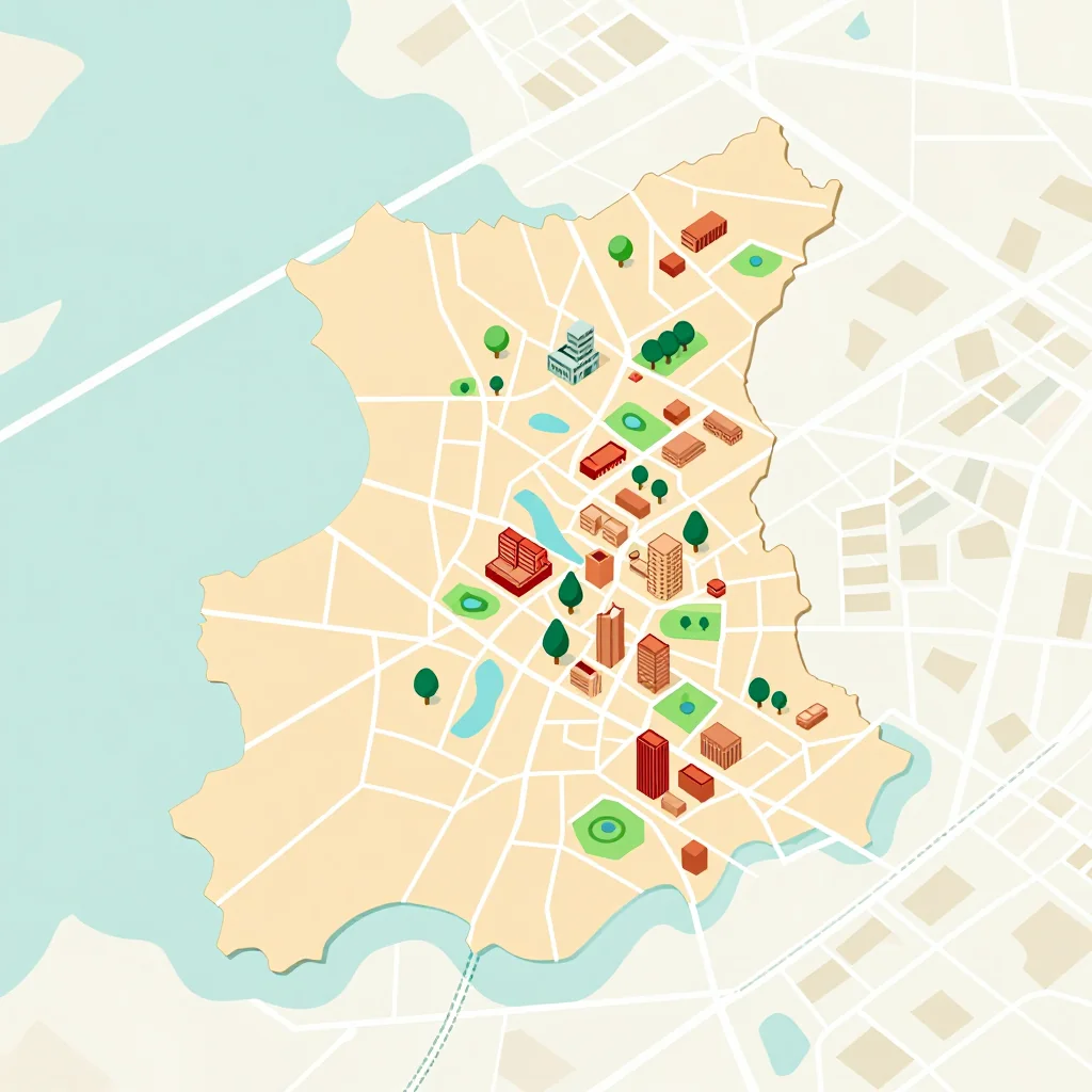 Isometric Tourist Map of Province des Balé, Burkina Faso - Flat Design Isometric flat design tourist map of Province des Balé, Burkina Faso showing landmarks, attractions, and points of interest