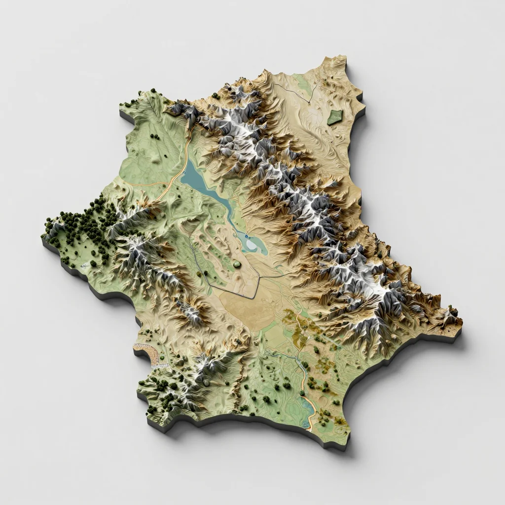 3D Isometric Topographic Map of Province des Balé, Burkina Faso Isometric 3D topographic visualization showing elevation and terrain of Province des Balé, Burkina Faso