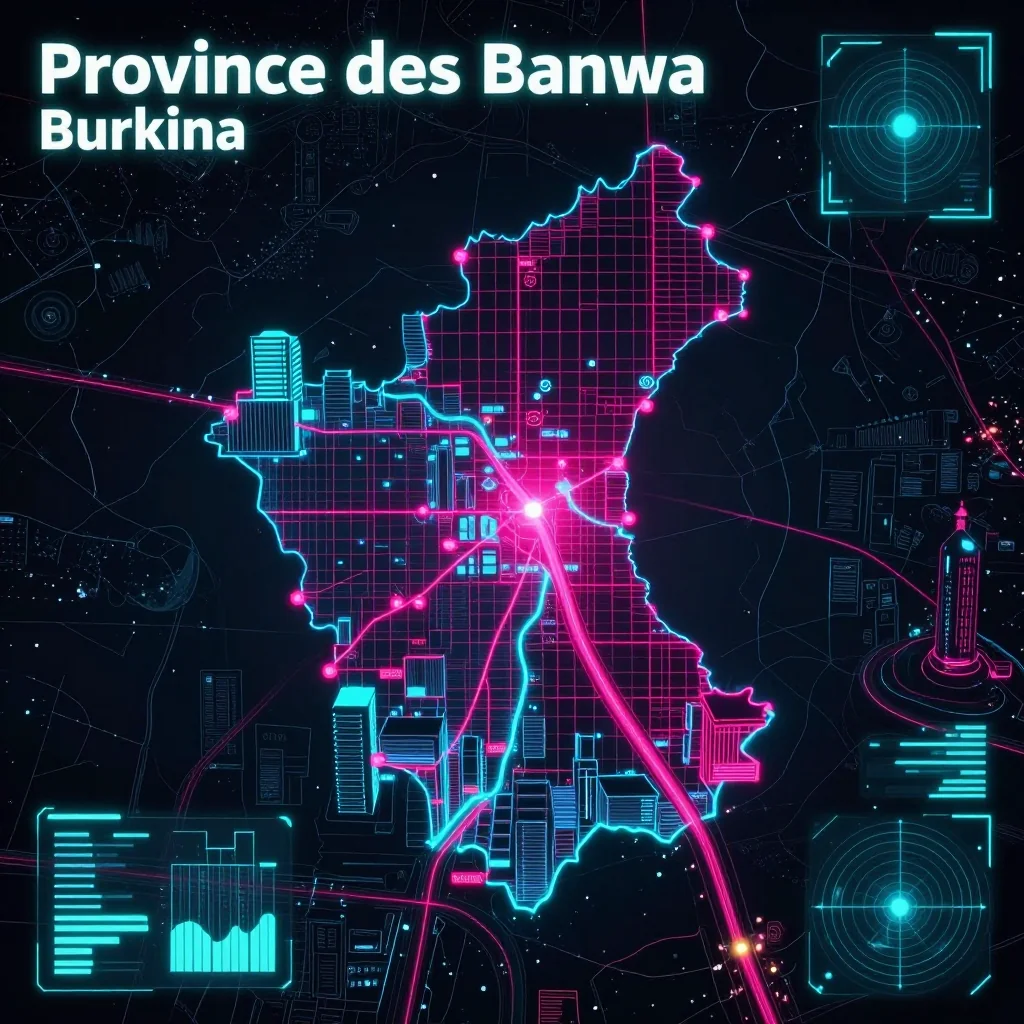 Cyberpunk style digital map of Province des Banwa, Burkina Faso with neon grid lines and futuristic UI design
