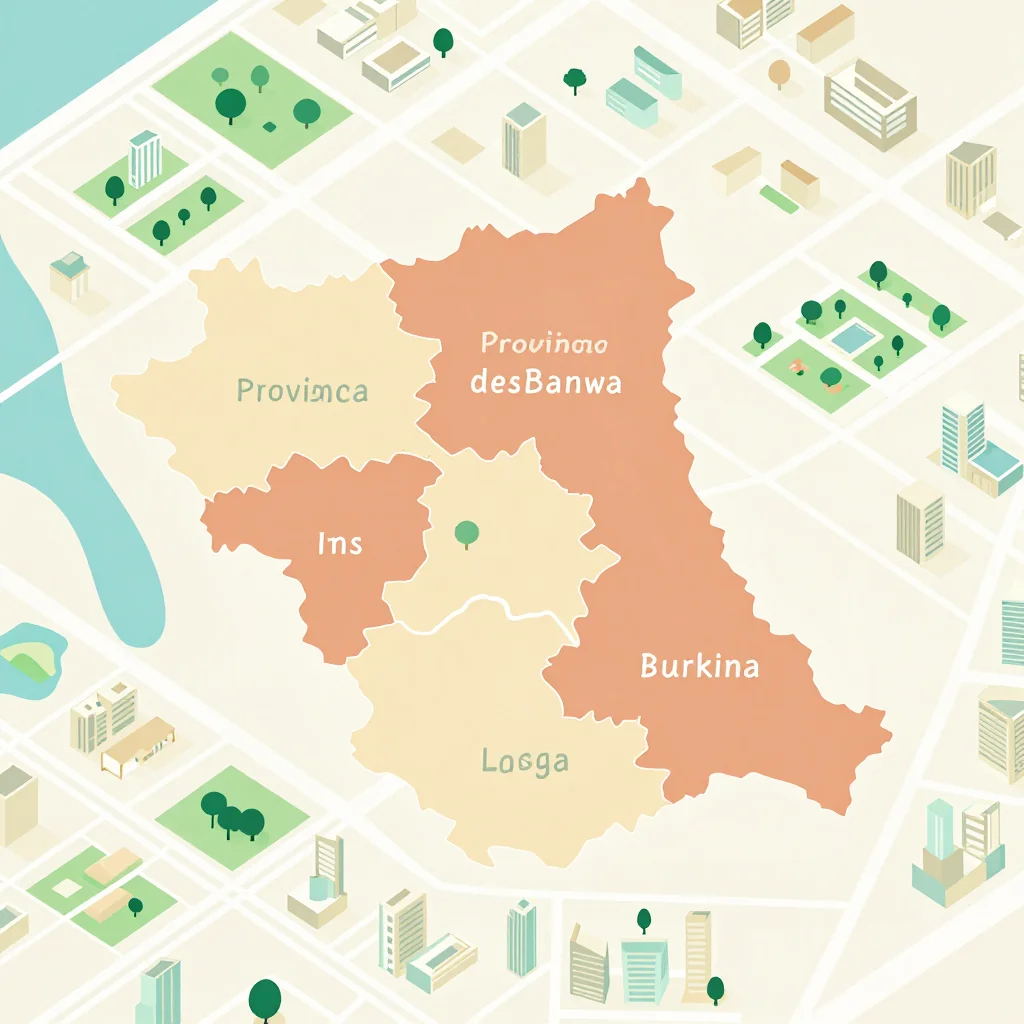Isometric flat design tourist map of Province des Banwa, Burkina Faso showing landmarks, attractions, and points of interest