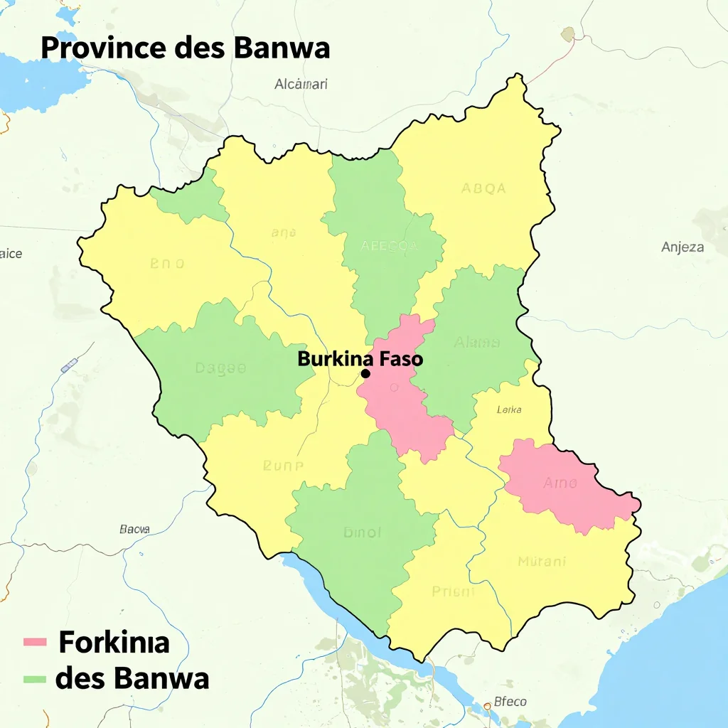 Political map showing borders, administrative divisions, major cities, and capital of Province des Banwa, Burkina Faso