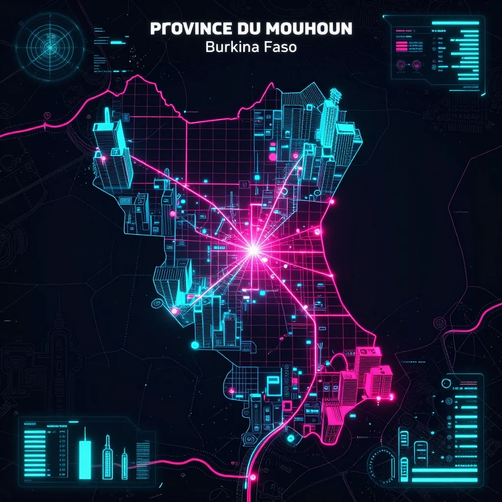Cyberpunk style digital map of Province du Mouhoun, Burkina Faso with neon grid lines and futuristic UI design