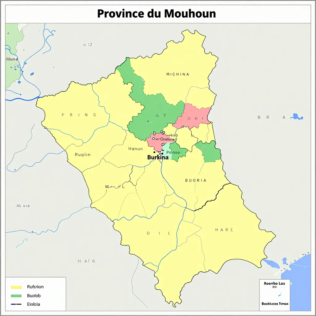 Political map showing borders, administrative divisions, major cities, and capital of Province du Mouhoun, Burkina Faso