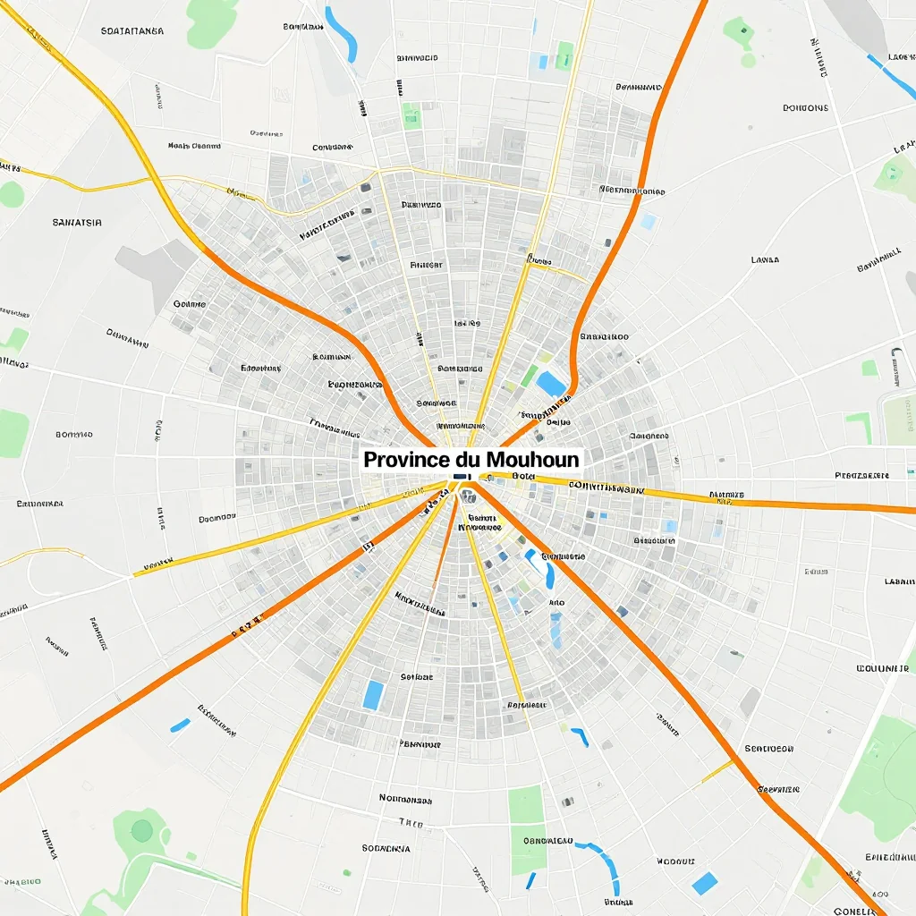 Detailed street map showing roads, highways, neighborhoods, and urban layout of Province du Mouhoun, Burkina Faso