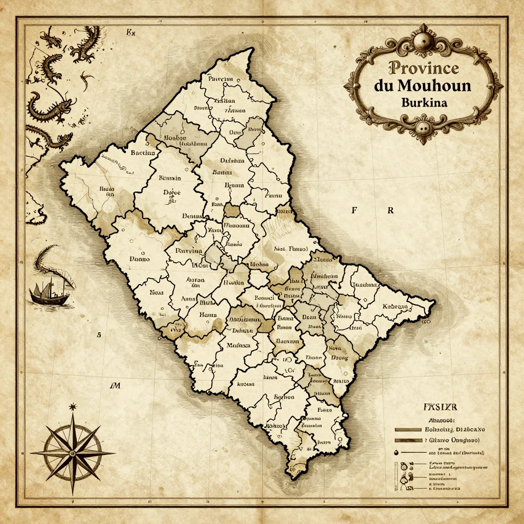 Antique vintage map of Province du Mouhoun, Burkina Faso showing historical cartography style