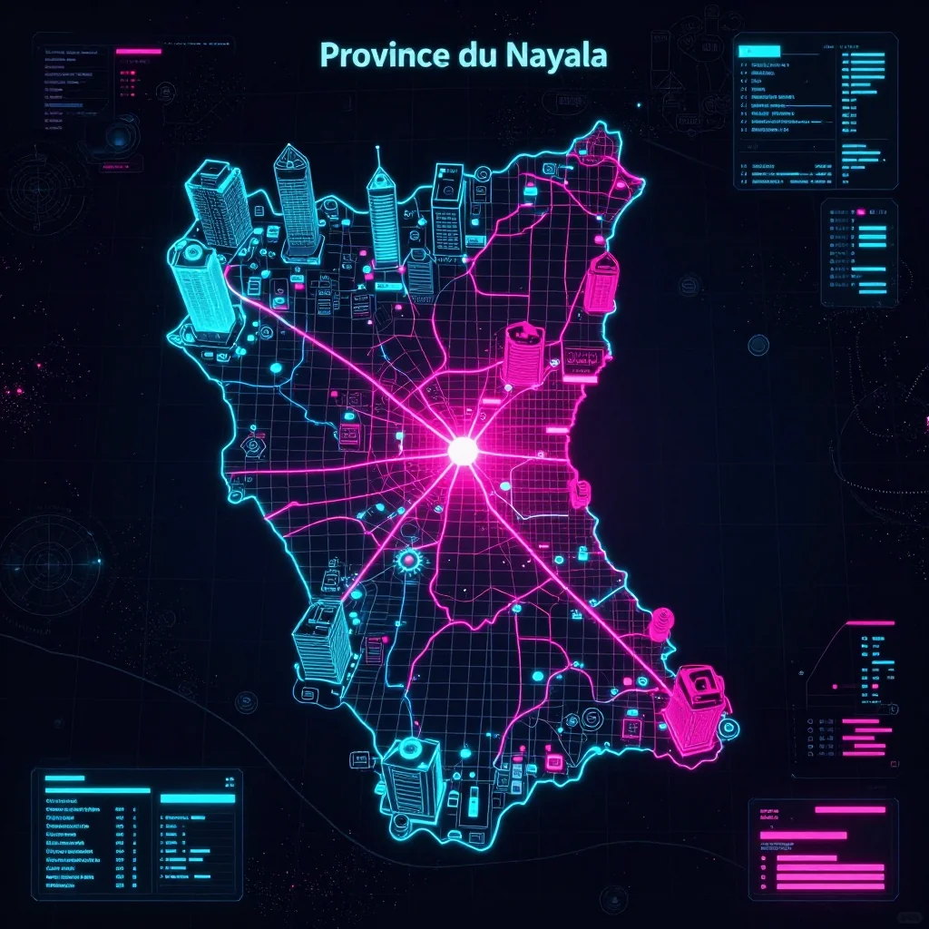 Cyberpunk style digital map of Province du Nayala, Burkina Faso with neon grid lines and futuristic UI design