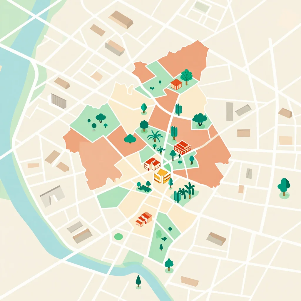 Isometric flat design tourist map of Province du Nayala, Burkina Faso showing landmarks, attractions, and points of interest