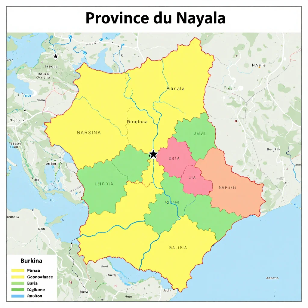 Political map showing borders, administrative divisions, major cities, and capital of Province du Nayala, Burkina Faso
