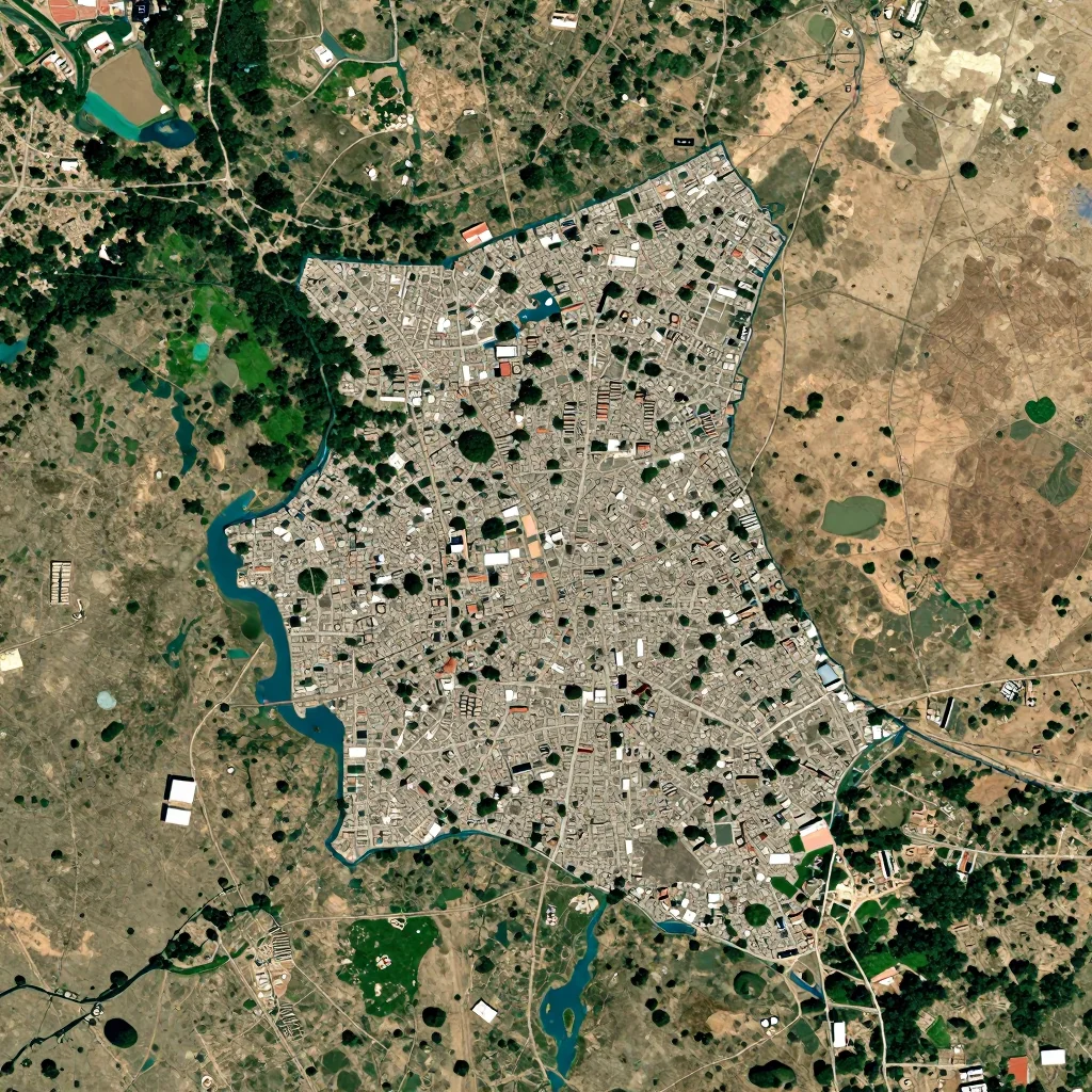 High-resolution satellite image of Province du Nayala, Burkina Faso showing land cover, urban areas, and natural features from space