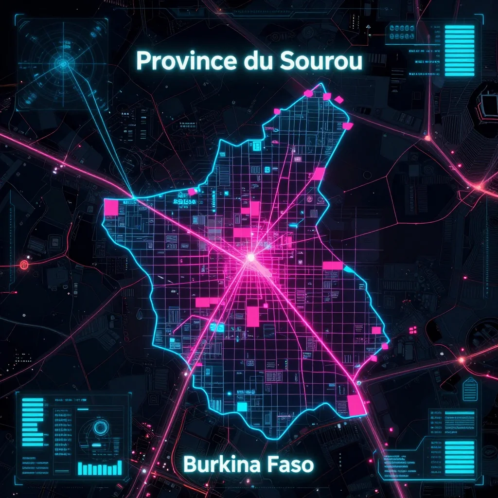 Cyberpunk style digital map of Province du Sourou, Burkina Faso with neon grid lines and futuristic UI design
