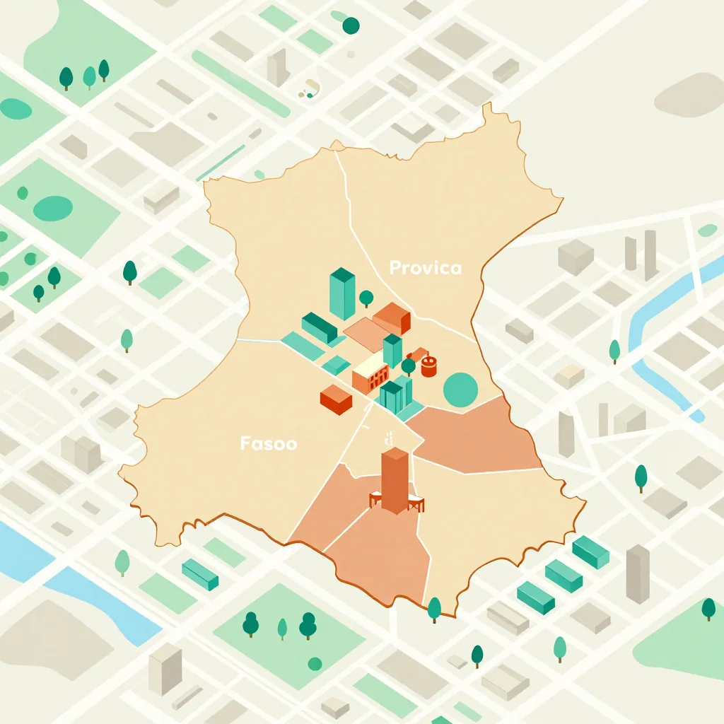 Isometric flat design tourist map of Province du Sourou, Burkina Faso showing landmarks, attractions, and points of interest