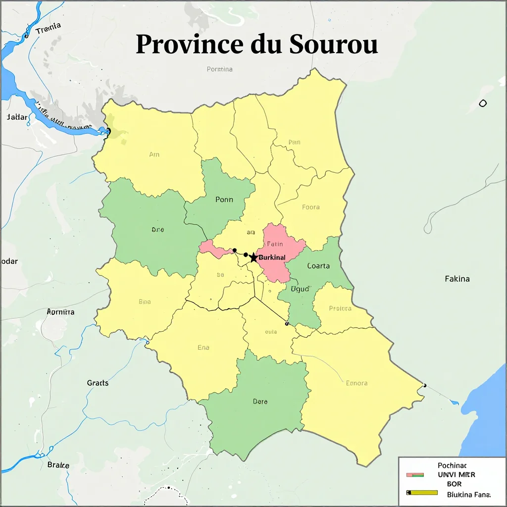 Political map showing borders, administrative divisions, major cities, and capital of Province du Sourou, Burkina Faso