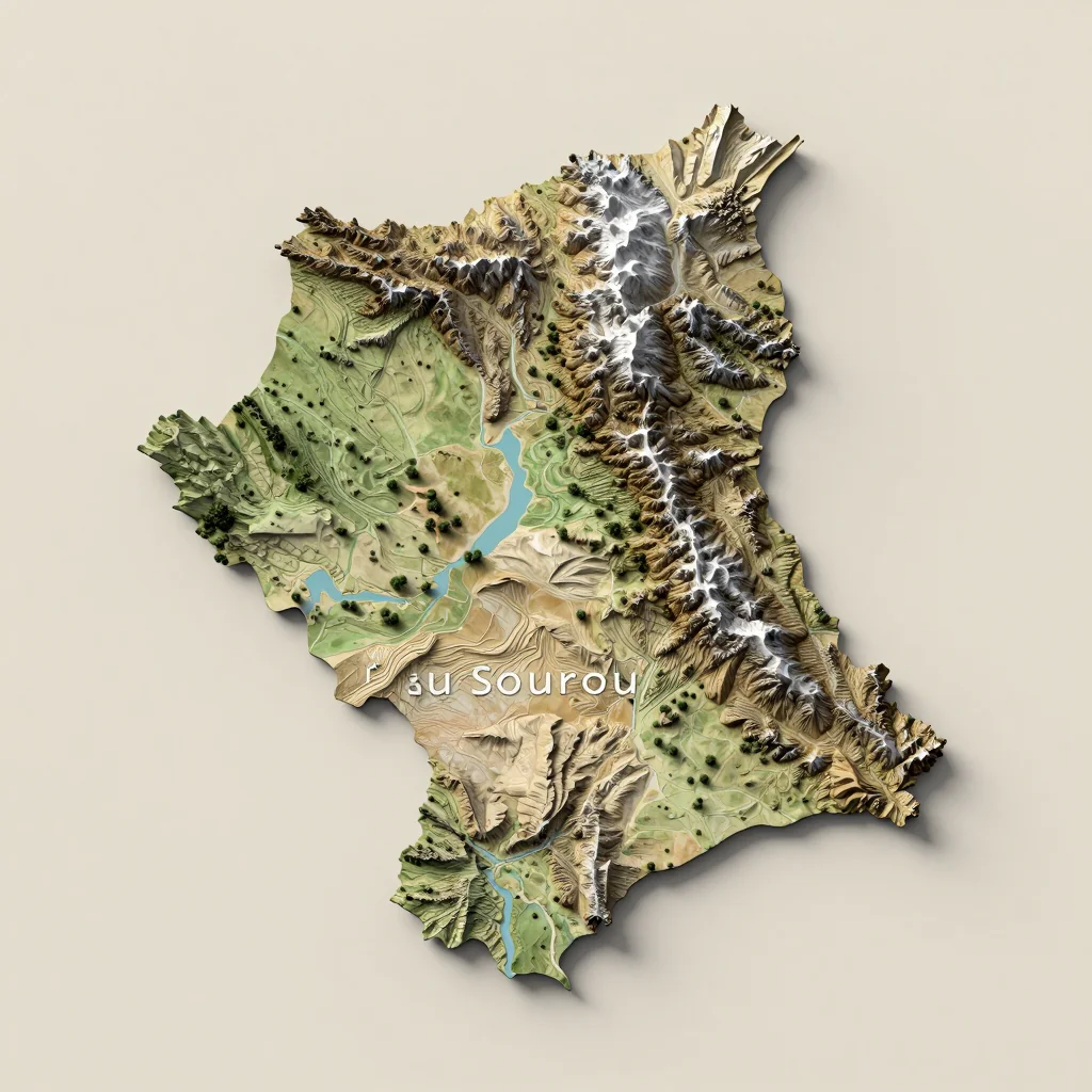 Isometric 3D topographic visualization showing elevation and terrain of Province du Sourou, Burkina Faso