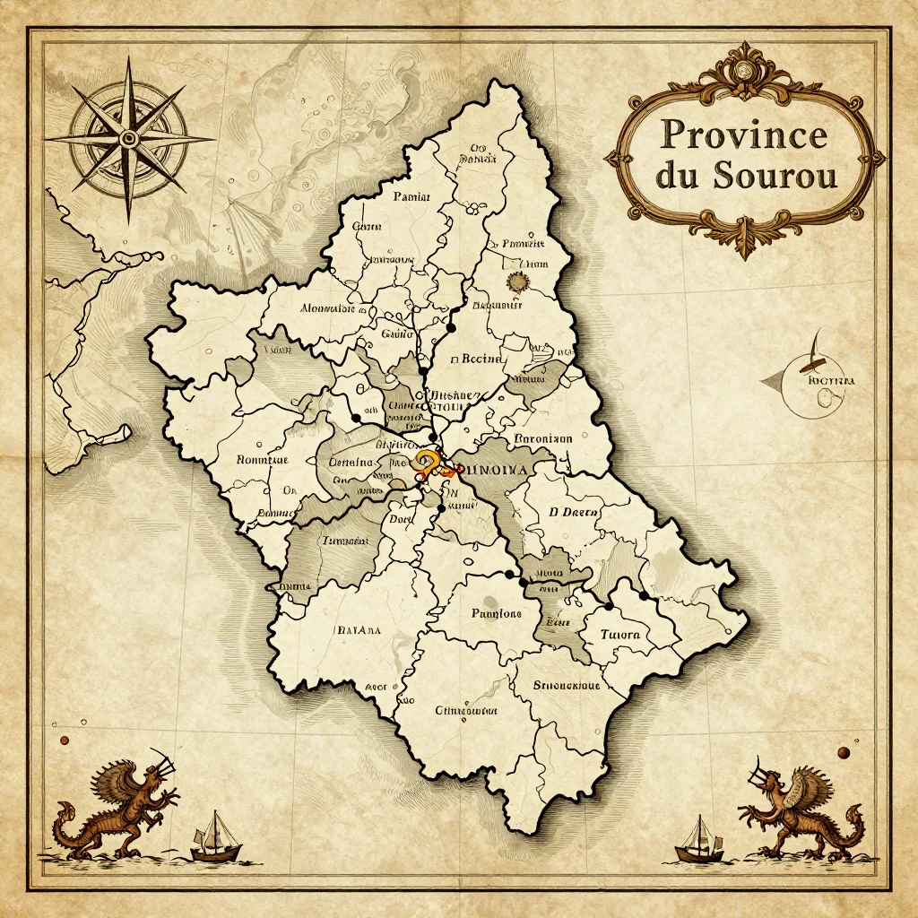 Antique vintage map of Province du Sourou, Burkina Faso showing historical cartography style