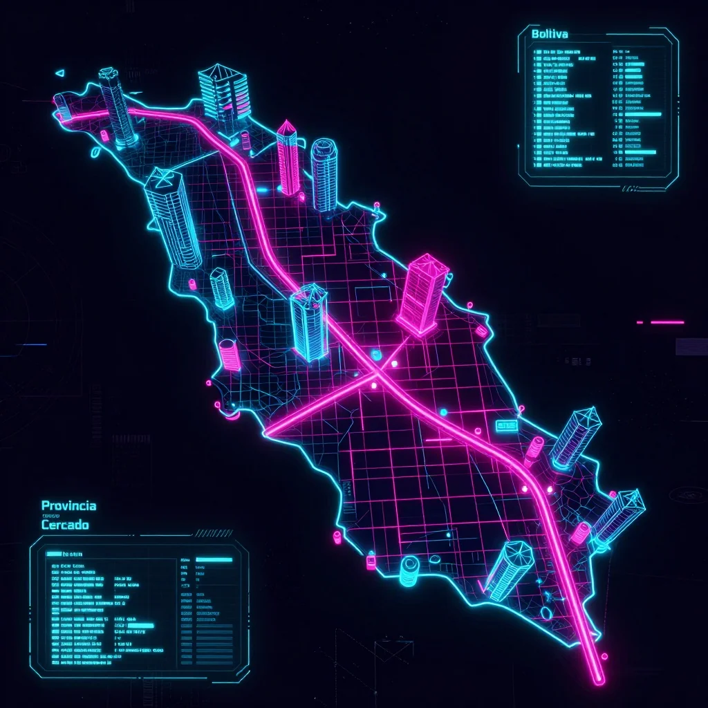 Cyberpunk style digital map of Provincia Cercado, Bolivia with neon grid lines and futuristic UI design