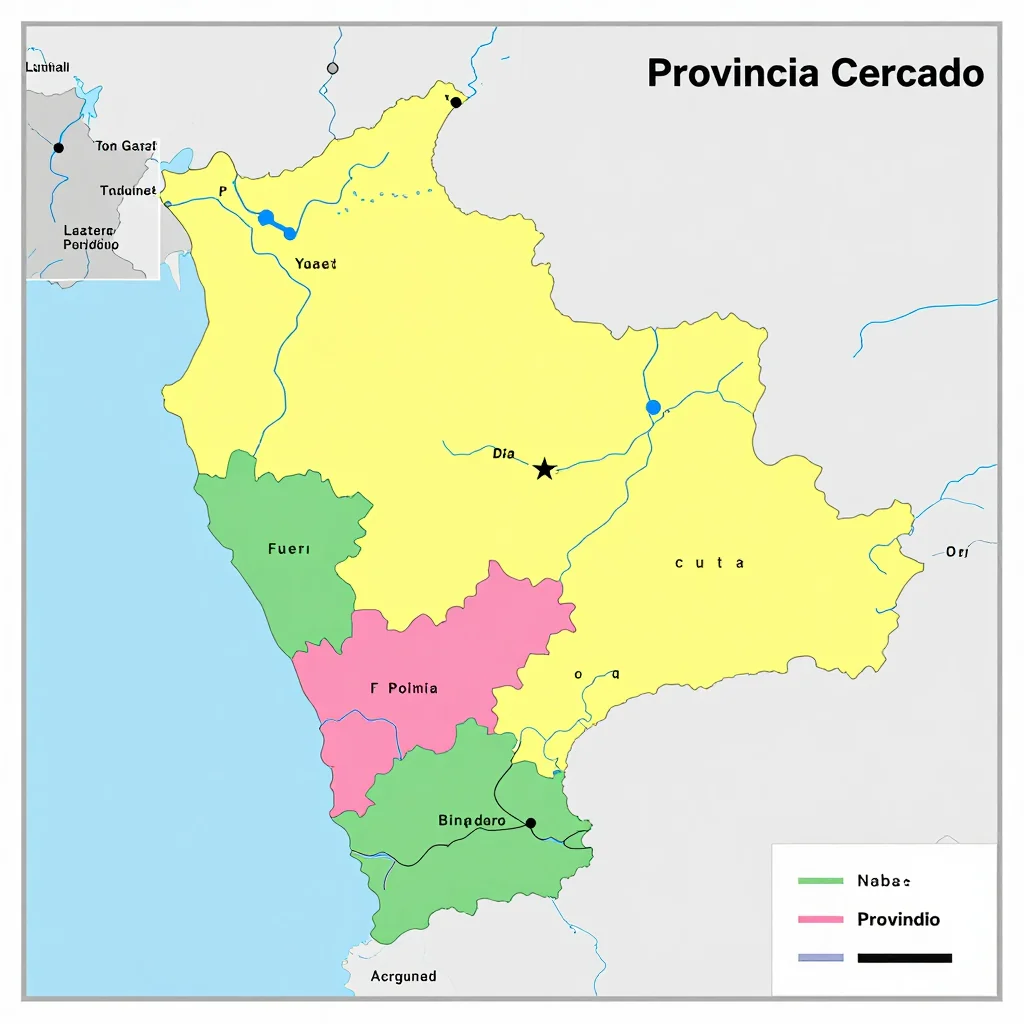 Political map showing borders, administrative divisions, major cities, and capital of Provincia Cercado, Bolivia