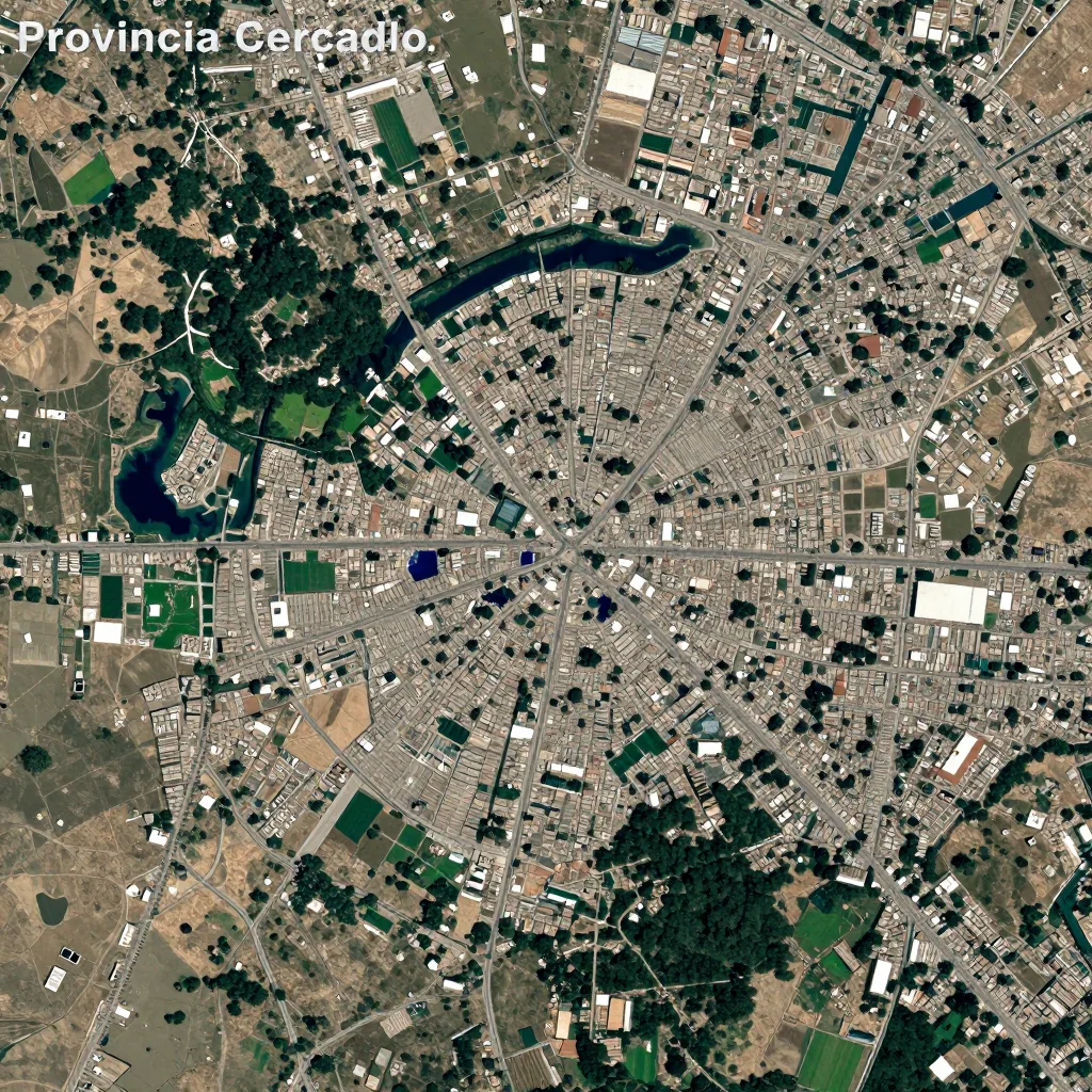 High-resolution satellite image of Provincia Cercado, Bolivia showing land cover, urban areas, and natural features from space