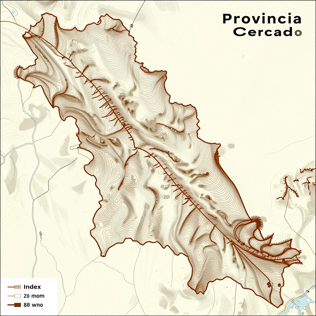 3D topographic map showing elevation contours, mountain ranges, and terrain features of Provincia Cercado, Bolivia