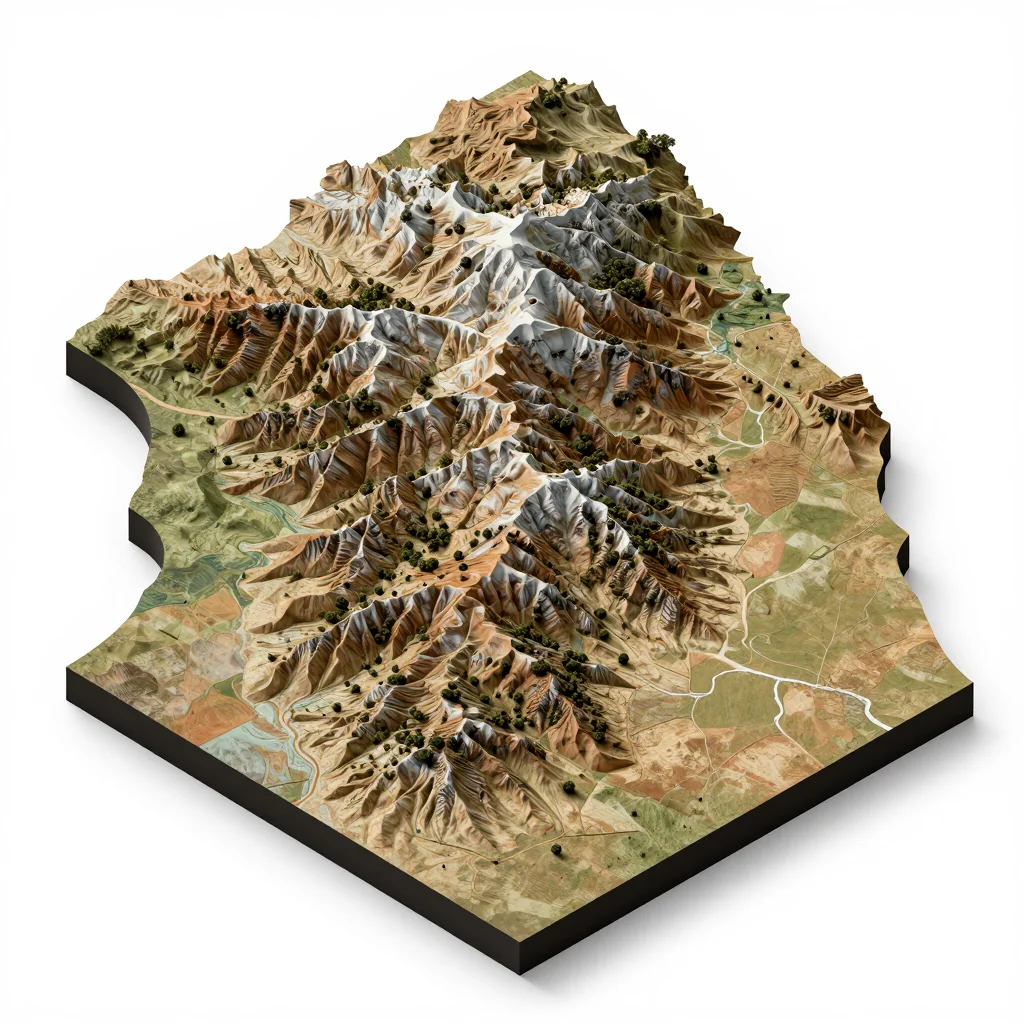 Isometric 3D topographic visualization showing elevation and terrain of Provincia Cercado, Bolivia