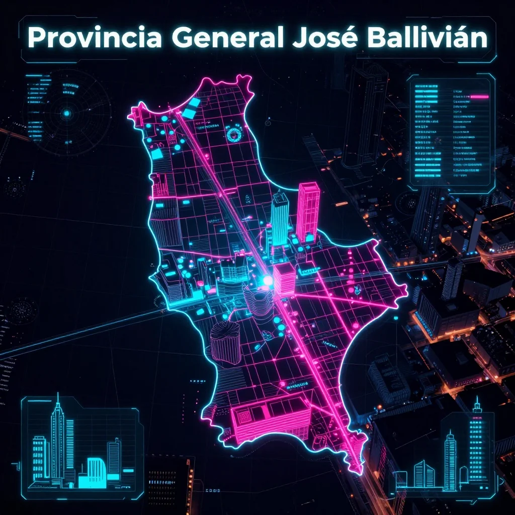 Futuristic Cyberpunk Map of Provincia General José Ballivián, Bolivia Cyberpunk style digital map of Provincia General José Ballivián, Bolivia with neon grid lines and futuristic UI design