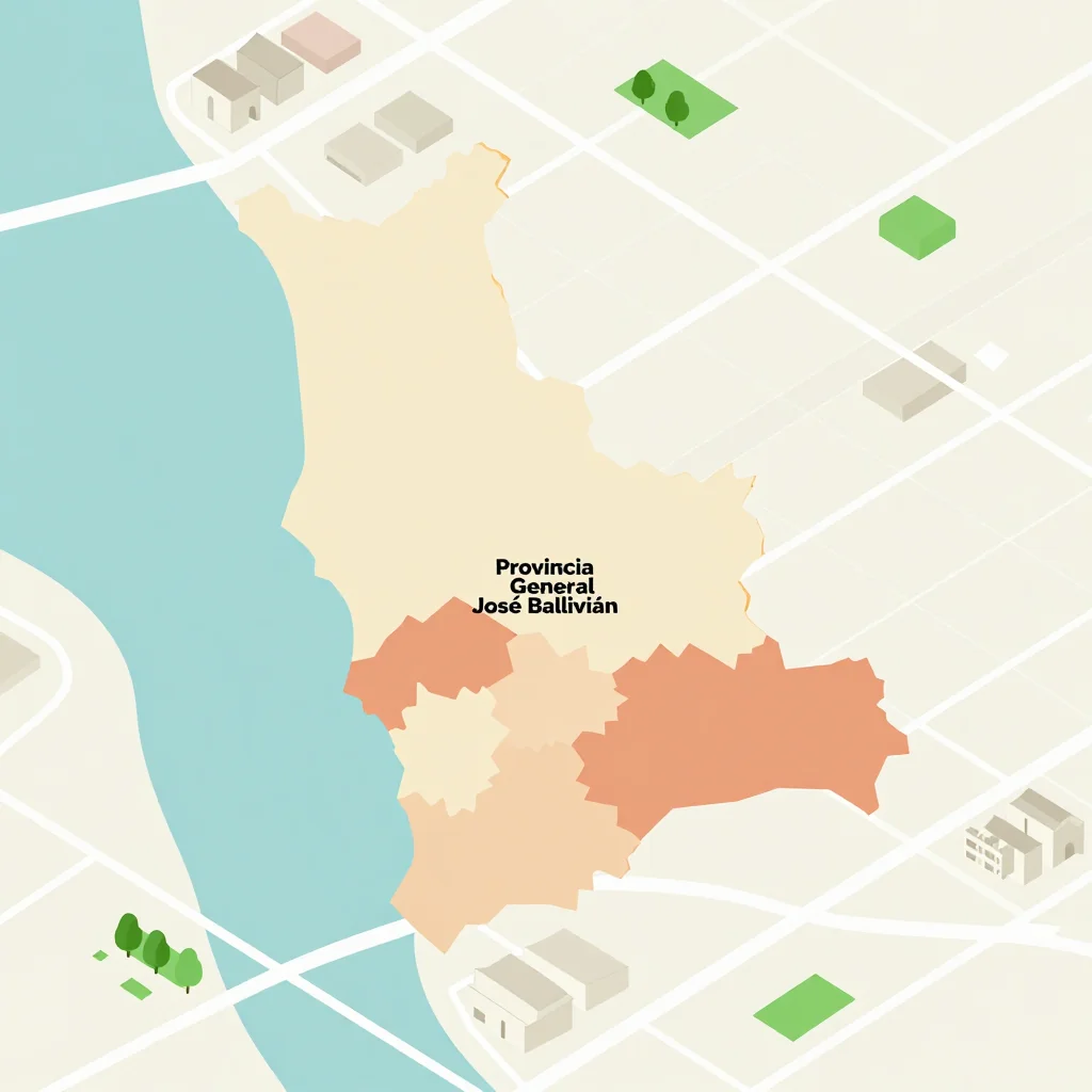 Isometric Tourist Map of Provincia General José Ballivián, Bolivia - Flat Design Isometric flat design tourist map of Provincia General José Ballivián, Bolivia showing landmarks, attractions, and points of interest