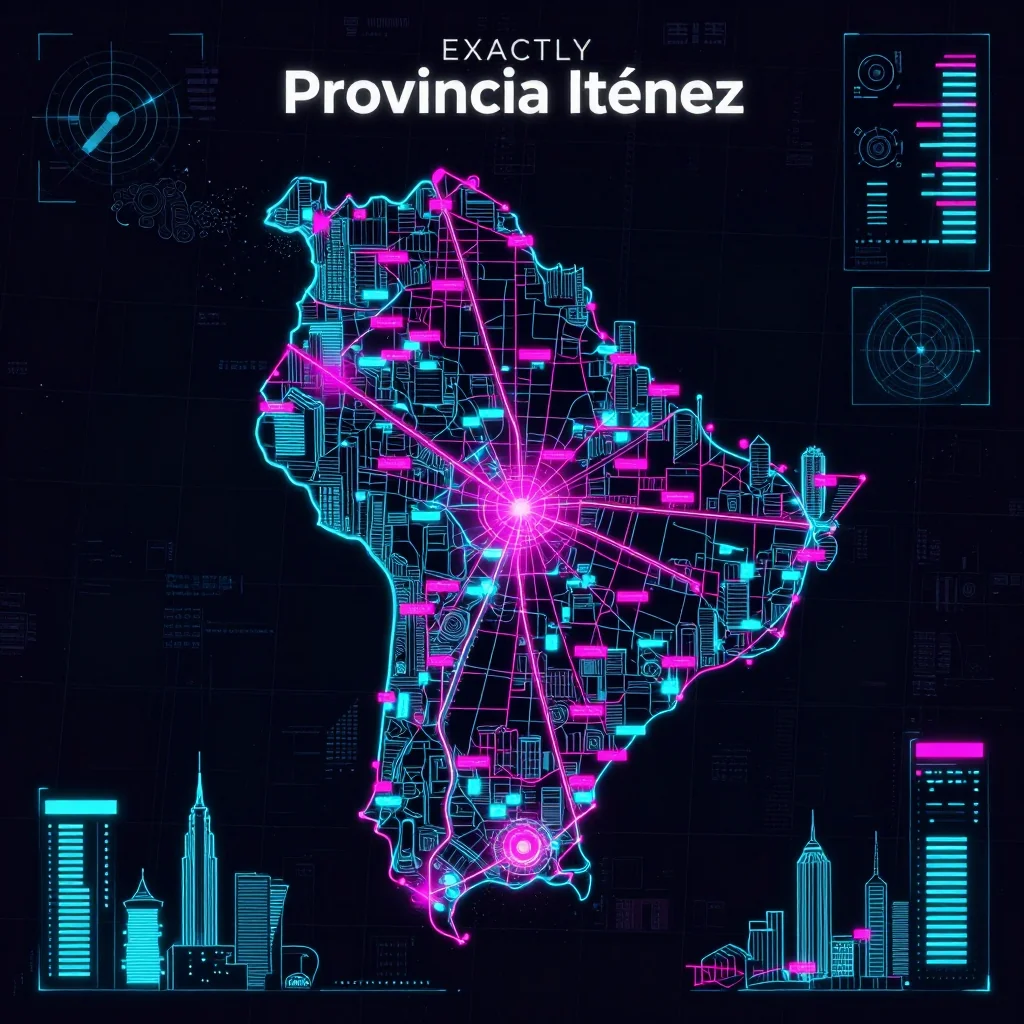 Cyberpunk style digital map of Provincia Iténez, Bolivia with neon grid lines and futuristic UI design