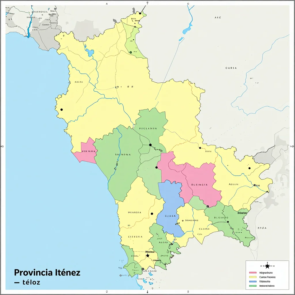 Political map showing borders, administrative divisions, major cities, and capital of Provincia Iténez, Bolivia