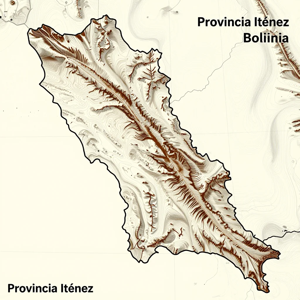 3D topographic map showing elevation contours, mountain ranges, and terrain features of Provincia Iténez, Bolivia
