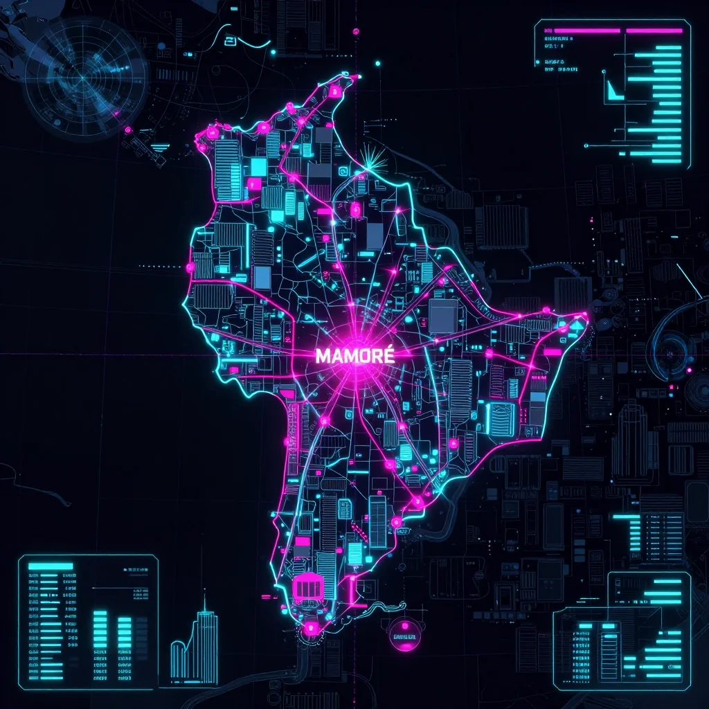 Cyberpunk style digital map of Provincia Mamoré, Bolivia with neon grid lines and futuristic UI design