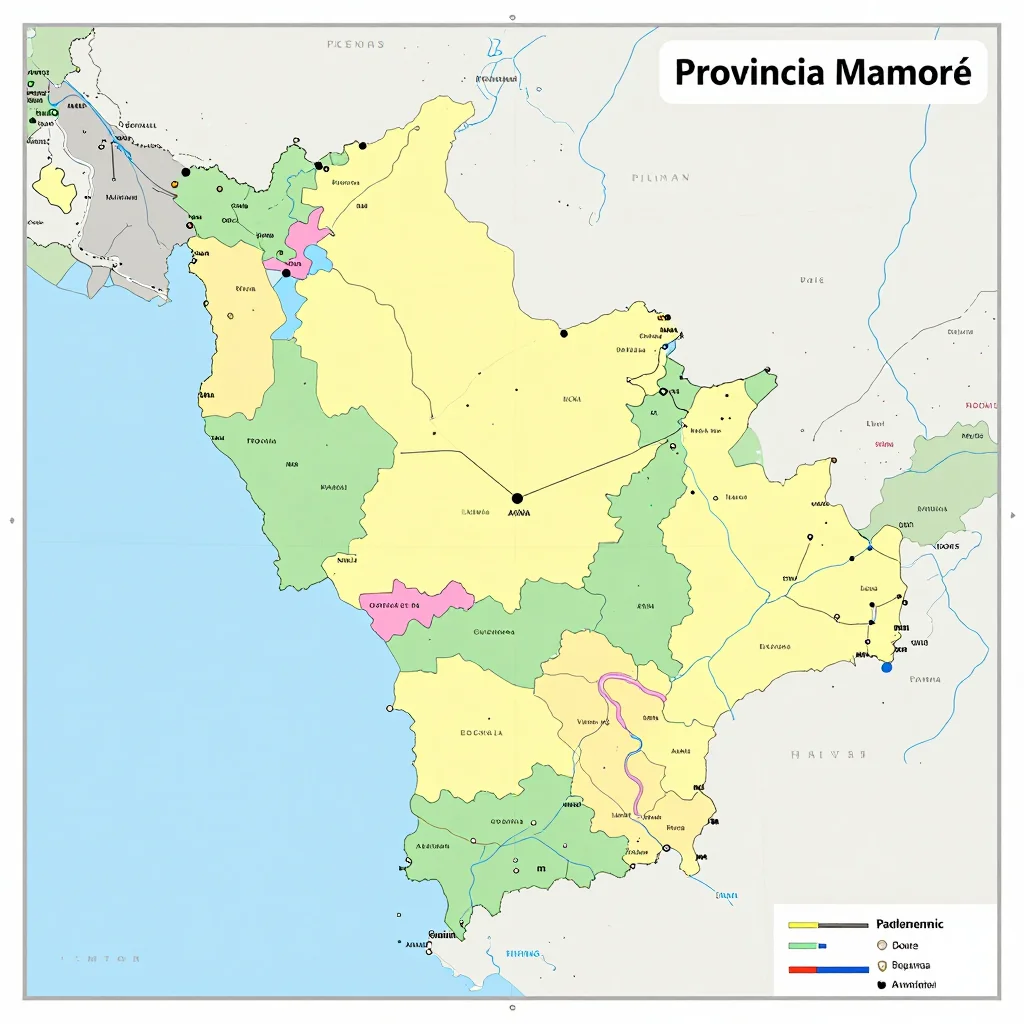 Political map showing borders, administrative divisions, major cities, and capital of Provincia Mamoré, Bolivia