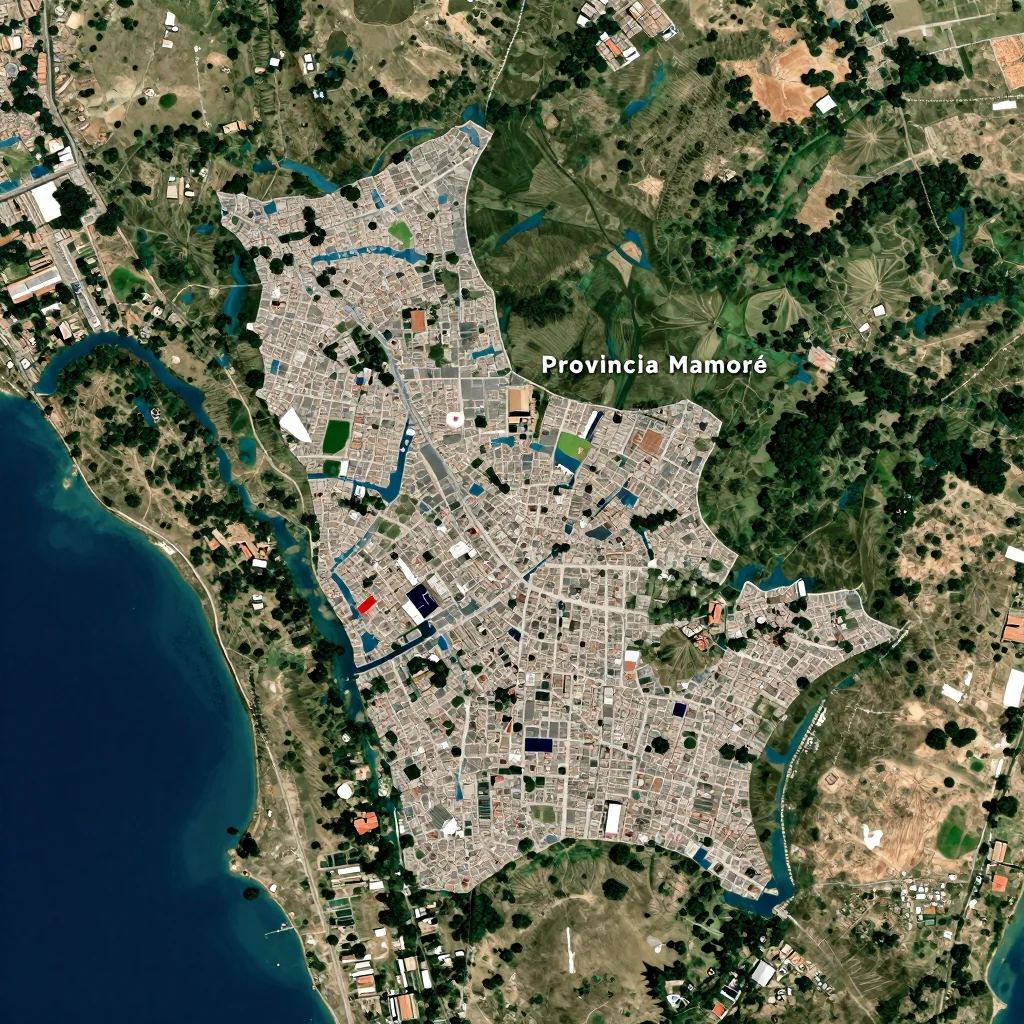 High-resolution satellite image of Provincia Mamoré, Bolivia showing land cover, urban areas, and natural features from space
