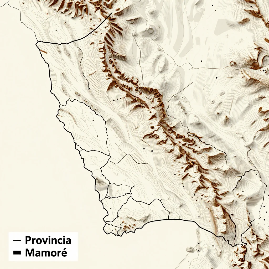 3D topographic map showing elevation contours, mountain ranges, and terrain features of Provincia Mamoré, Bolivia