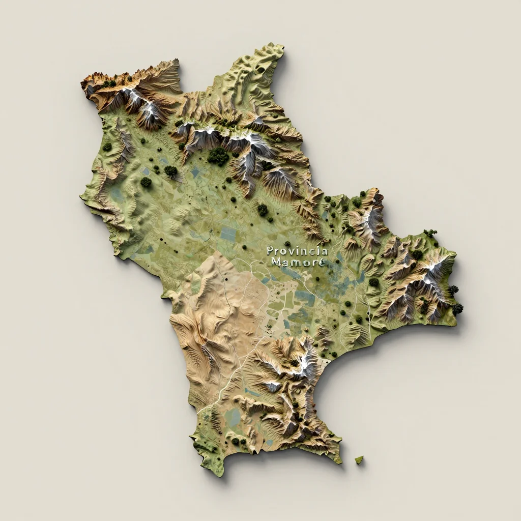 Isometric 3D topographic visualization showing elevation and terrain of Provincia Mamoré, Bolivia