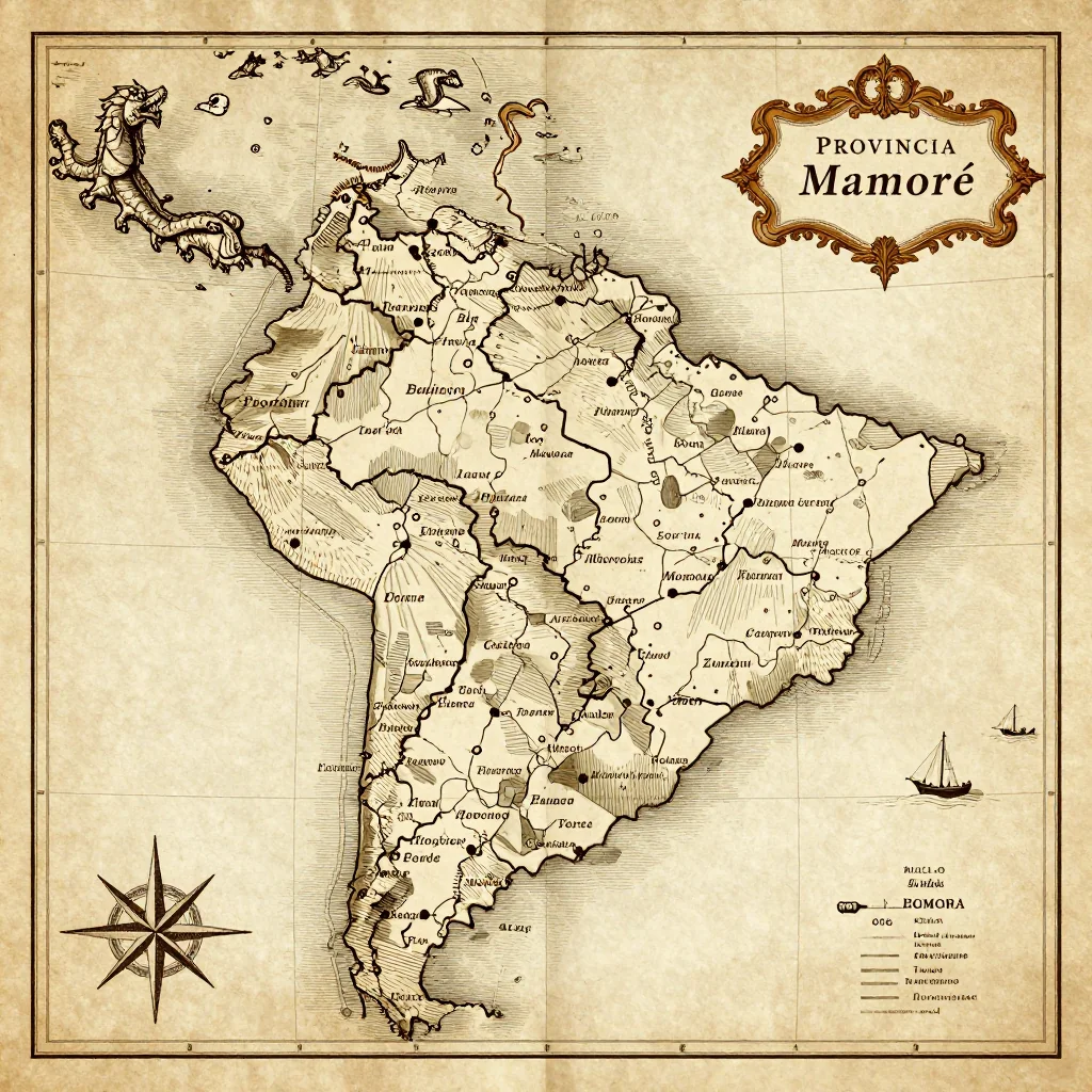 Antique vintage map of Provincia Mamoré, Bolivia showing historical cartography style