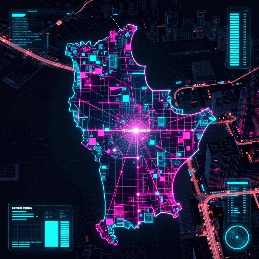 Cyberpunk style digital map of Provincia Marbán, Bolivia with neon grid lines and futuristic UI design