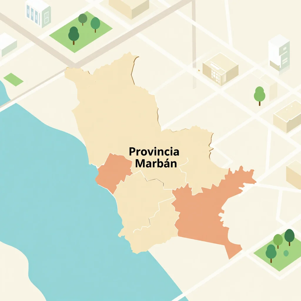 Isometric flat design tourist map of Provincia Marbán, Bolivia showing landmarks, attractions, and points of interest