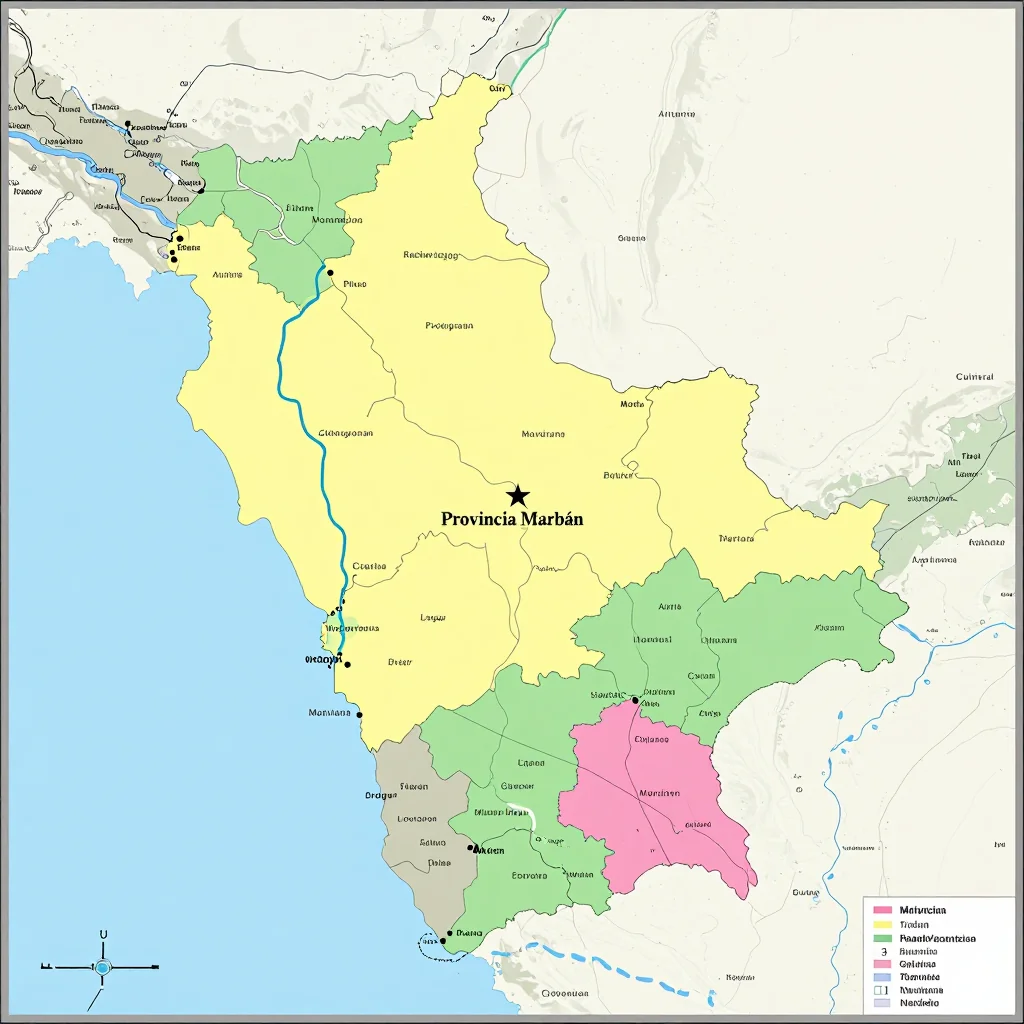 Political map showing borders, administrative divisions, major cities, and capital of Provincia Marbán, Bolivia