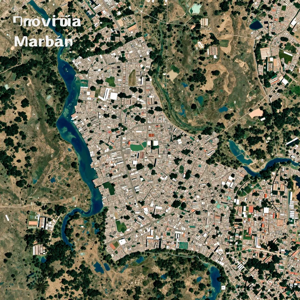 High-resolution satellite image of Provincia Marbán, Bolivia showing land cover, urban areas, and natural features from space